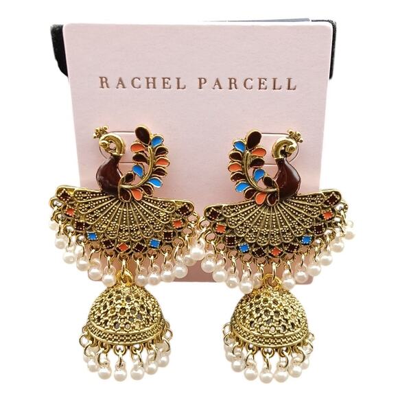 Rachel Parcell Peacock Filigree Jhumka Earrings Gold Tone, Enamel & Pearl Drops - Picture 3 of 8